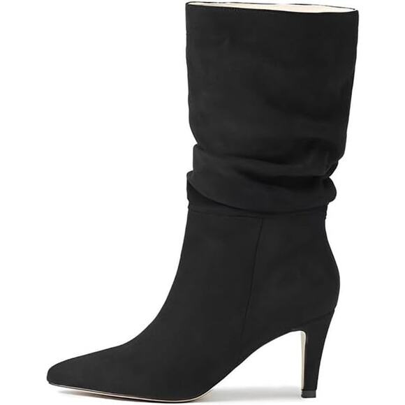 Mid Calf Boots Pleated Suede Stiletto Pointed Toe Slouchy Slip On Ankle Boots - Picture 1 of 9